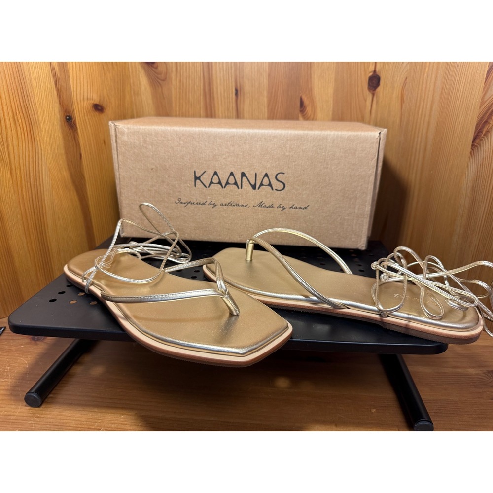 KAANAS Gold Metallic Leather Lace Up Square Toe Gladiator Sandals Size 9M